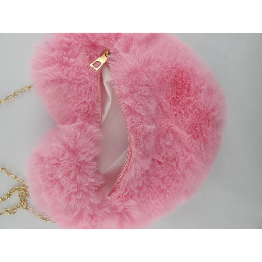 Pink Faux Fur Heart Purse Crossbody Bag Gold Chain Zipper Closure Valentines - Picture 3 of 4